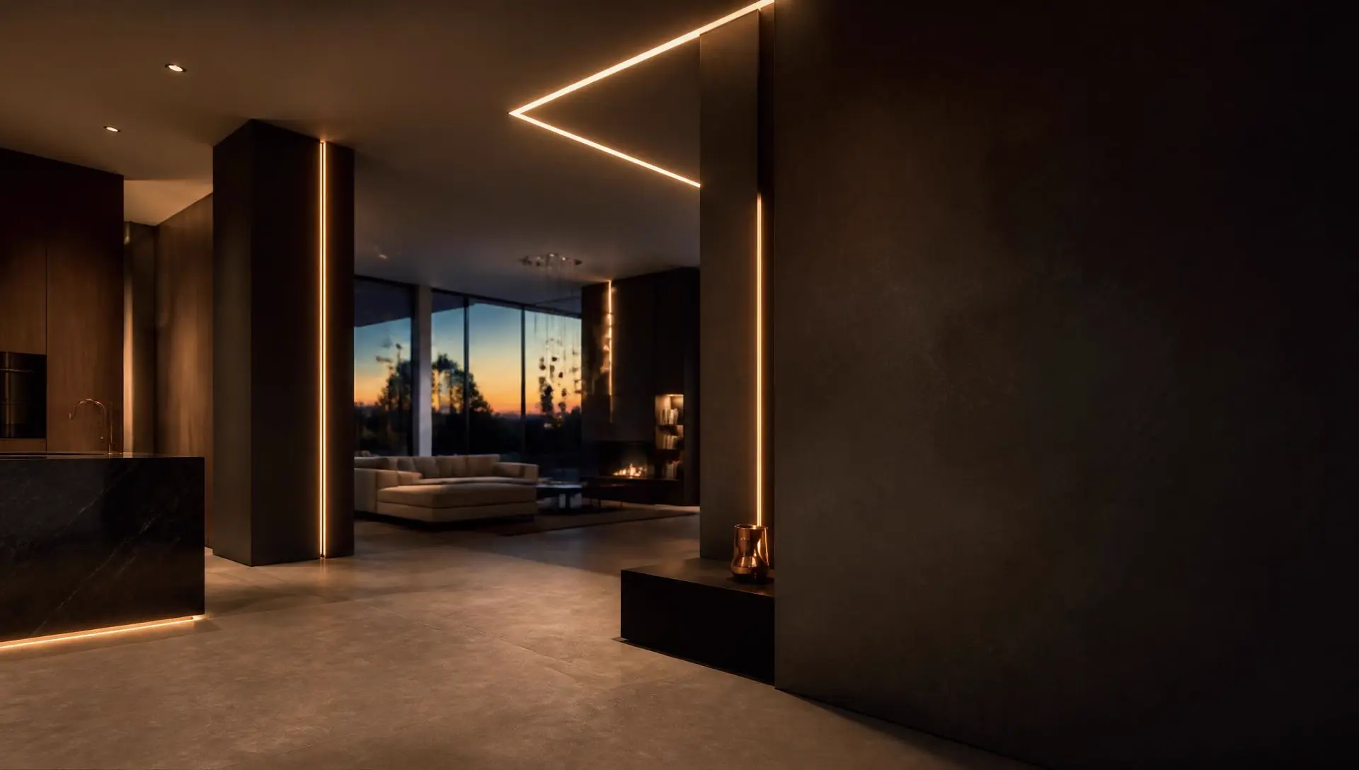 Moderner Wohnraum am Abend mit präzise geführten, warmen Lichtlinien an Decke und Wandflächen