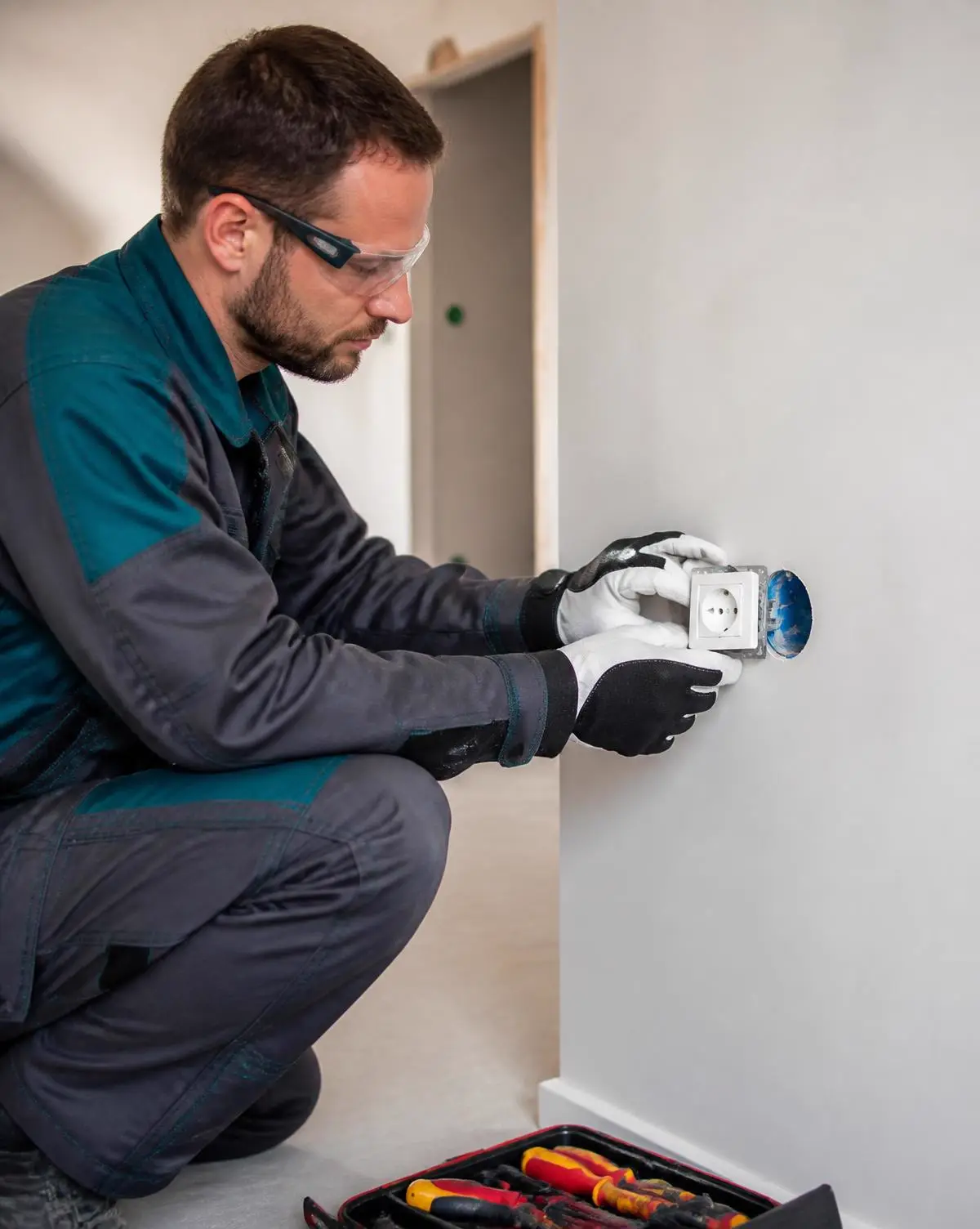 Elektrofachkraft montiert eine Steckdose präzise in eine vorbereitete Wanddose