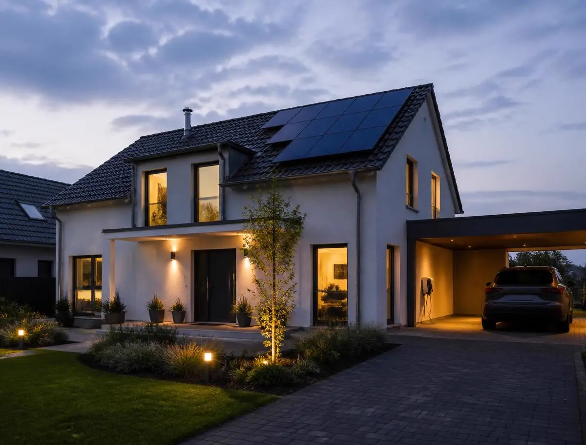 Einfamilienhaus in der Dämmerung mit Solarmodulen und einem Ladepunkt am Carport