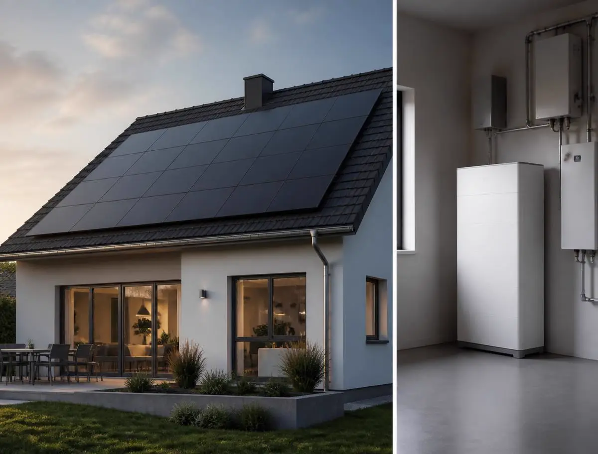 Wohnhaus mit dunklen Solarmodulen auf dem Dach und ein Batteriespeicher im Technikraum